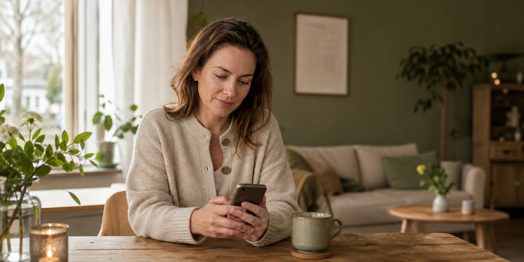 Cliënt bekijkt thuis de voortgang van haar letselschadezaak op haar telefoon
